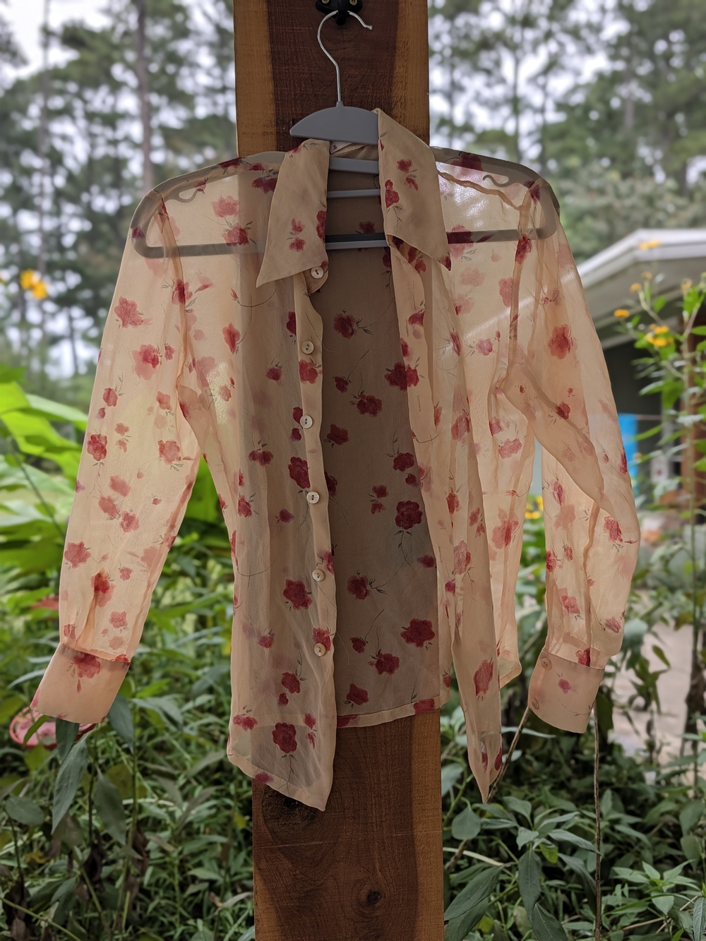 Equipment Sheer Beige Shirt Jacket with Pink Floral Print